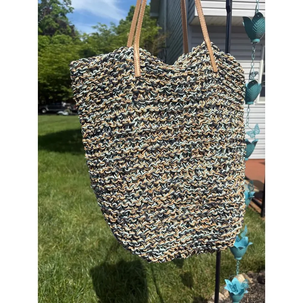 Slouchy Straw Beach Bag Teal Tan Boho Cottagecore Farmers Market